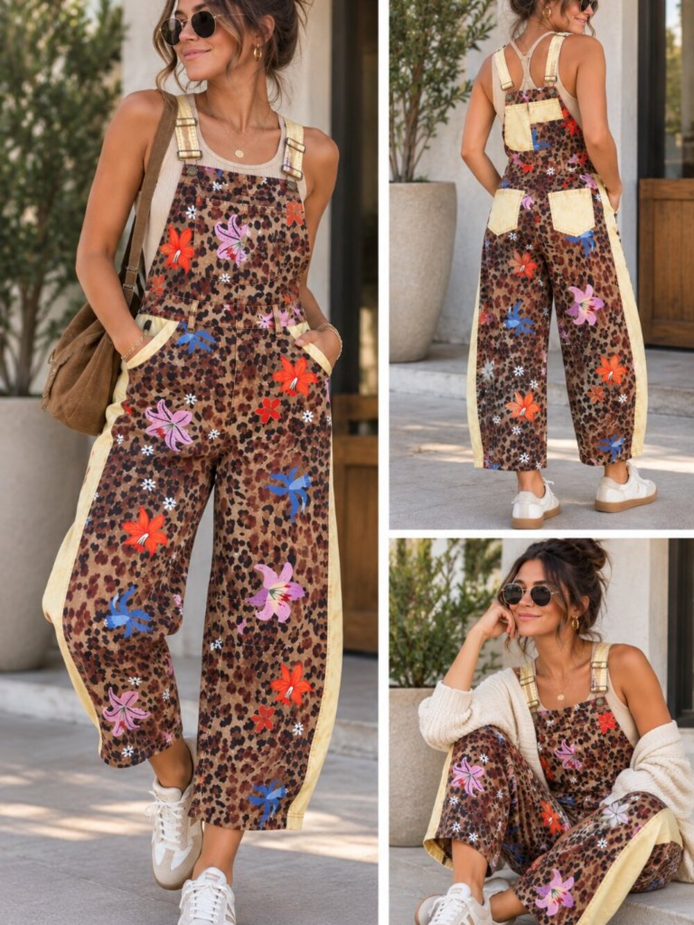 Leopard Floral Painted Barrel Leg Overalls Boho Artsy Large Dopamine